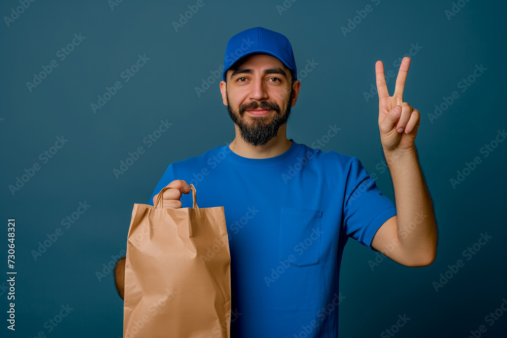 delivery employee bearded man in blue cap and T-shirt holds kraft paper bag with food products in one hand, with other hand shows V sign