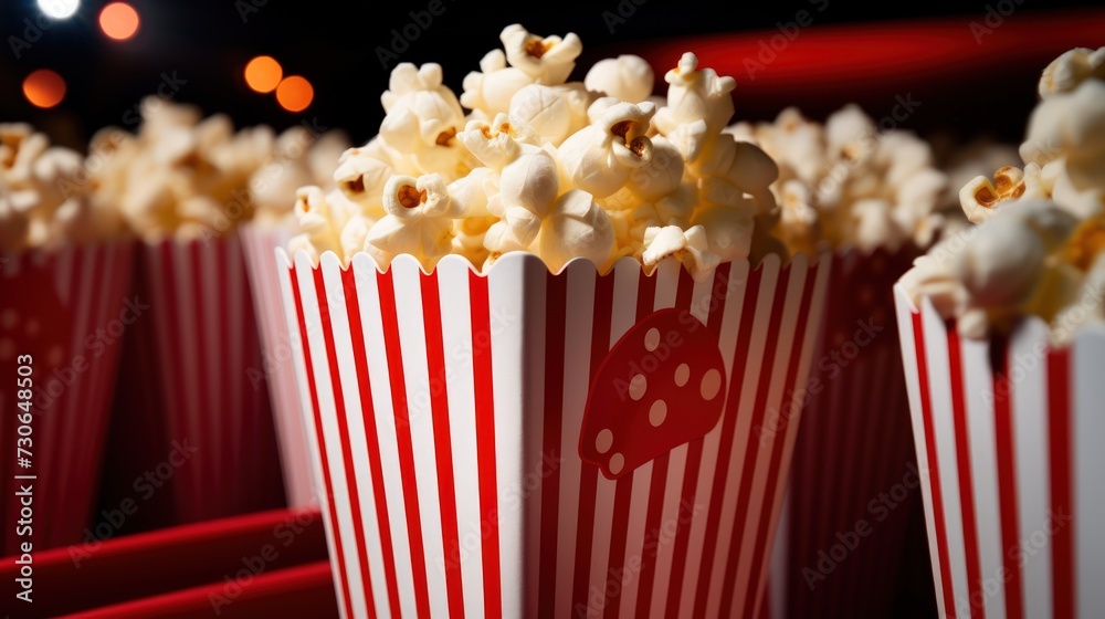 Close-up of a red and white striped popcorn cup. Close-up of a red and white striped popcorn cup.