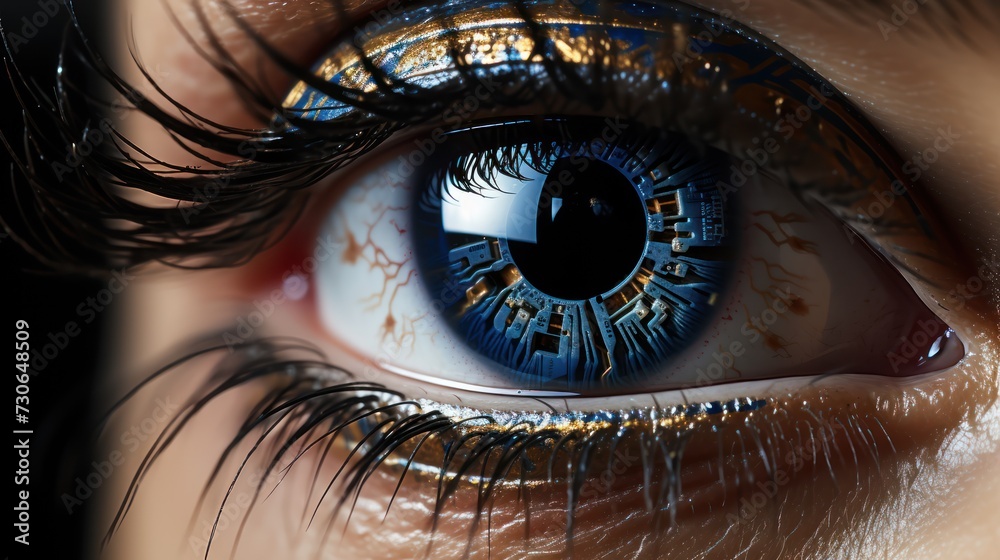 Close-up of an eye with tech reflection