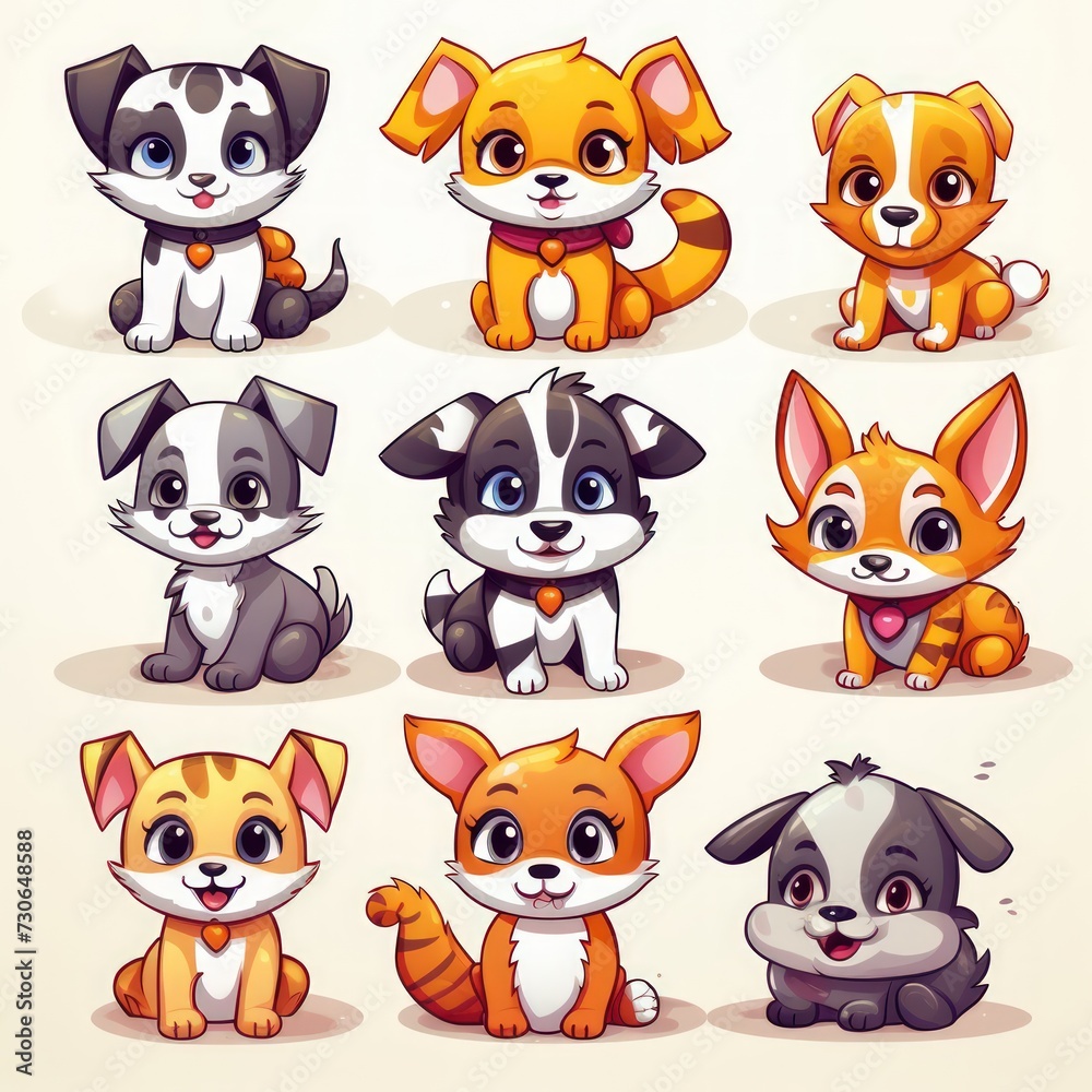 Fototapeta premium Collection of dog illustrations on a white background.