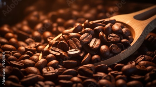 A closeup of coffee beans with a scoop, beautifully illuminated in moody lighting photo