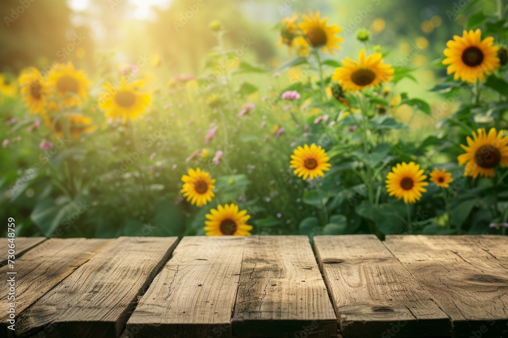 an empty wooden table on the background of a garden with blooming sunflowers. display your product outdoors. an empty wooden table on the background of a garden with blooming sunflowers. display your product outdoors.