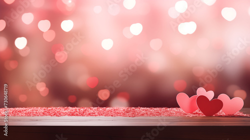 Empty old wooden table background with valentines day theme in background