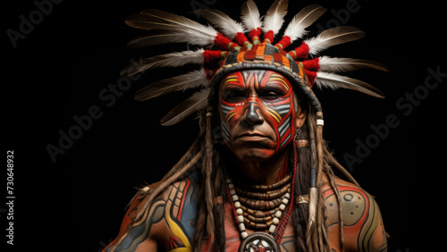 male native American, vibrant portrait, swirling color. a young man, a warrior in an ethnic costume with feathers. indian. dark background.