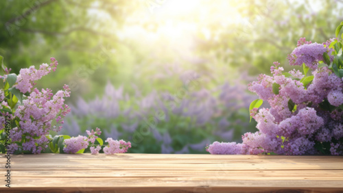 an empty boardwalk on a blurred background of lilac branches. mockup outdoors.