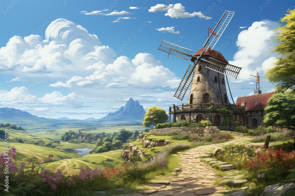 A traditional windmill in a breezy, open field