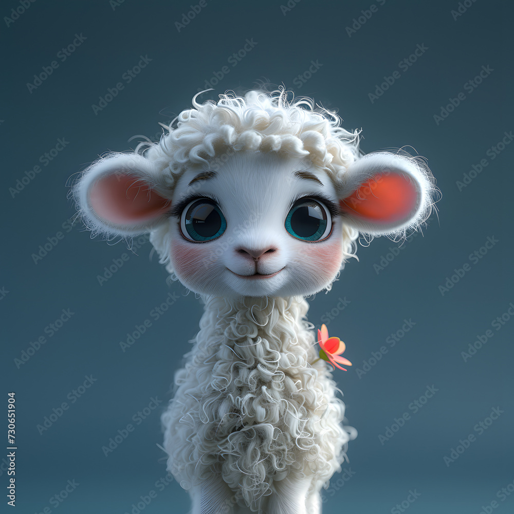flat logo of Cute baby lamb with big eyes lovely little animal 3d rendering cartoon character
