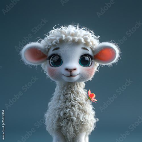 flat logo of Cute baby lamb with big eyes lovely little animal 3d rendering cartoon character © UseeIvan
