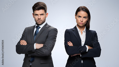 Businessman and businesswoman in a suit with angry facial expressions