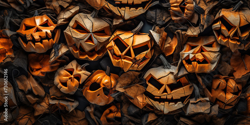 Jack o lanterns deconstructed and reassembled in a fragmented yet harmonious composition showcasing. Ai generated photo