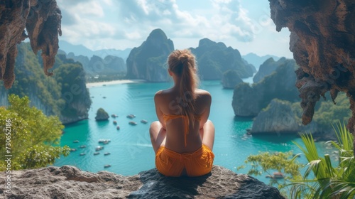 Traveler Asian woman in summer dress relaxing on rock joy view of James Bond island, Phang Nga bay, near Phuket, Travel Thailand, Beautiful destination nature landscape Asia, Outdoor vacation trip  photo