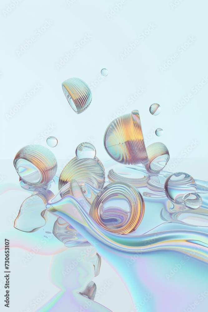 Digital impression of floating, iridescent and reflective shapes in a serene, pastel environment