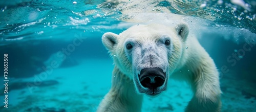 Polar bear swimming and facing camera in Arctic ocean.