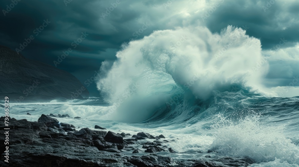 Powerful wave crashes against rocky shore under stormy skies, nature's fierce display, Ai Generated