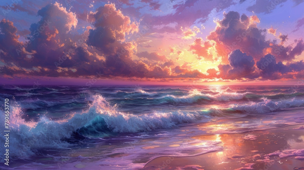Vibrant painting captures a sunset over the ocean, waves crashing, clouds swirling, Ai Generated