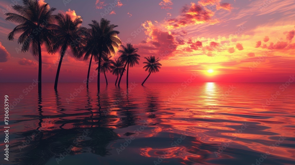 Sunset casts a warm glow over palm trees by the water's edge, a tropical oasis, Ai Generated