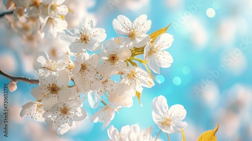 Close-up of cherry blossoms against a blue sky creates a beautiful spring background, Ai Generated.