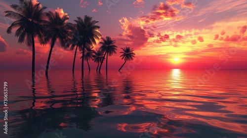 Sunset casts a warm glow over palm trees by the water's edge, a tropical oasis, Ai Generated