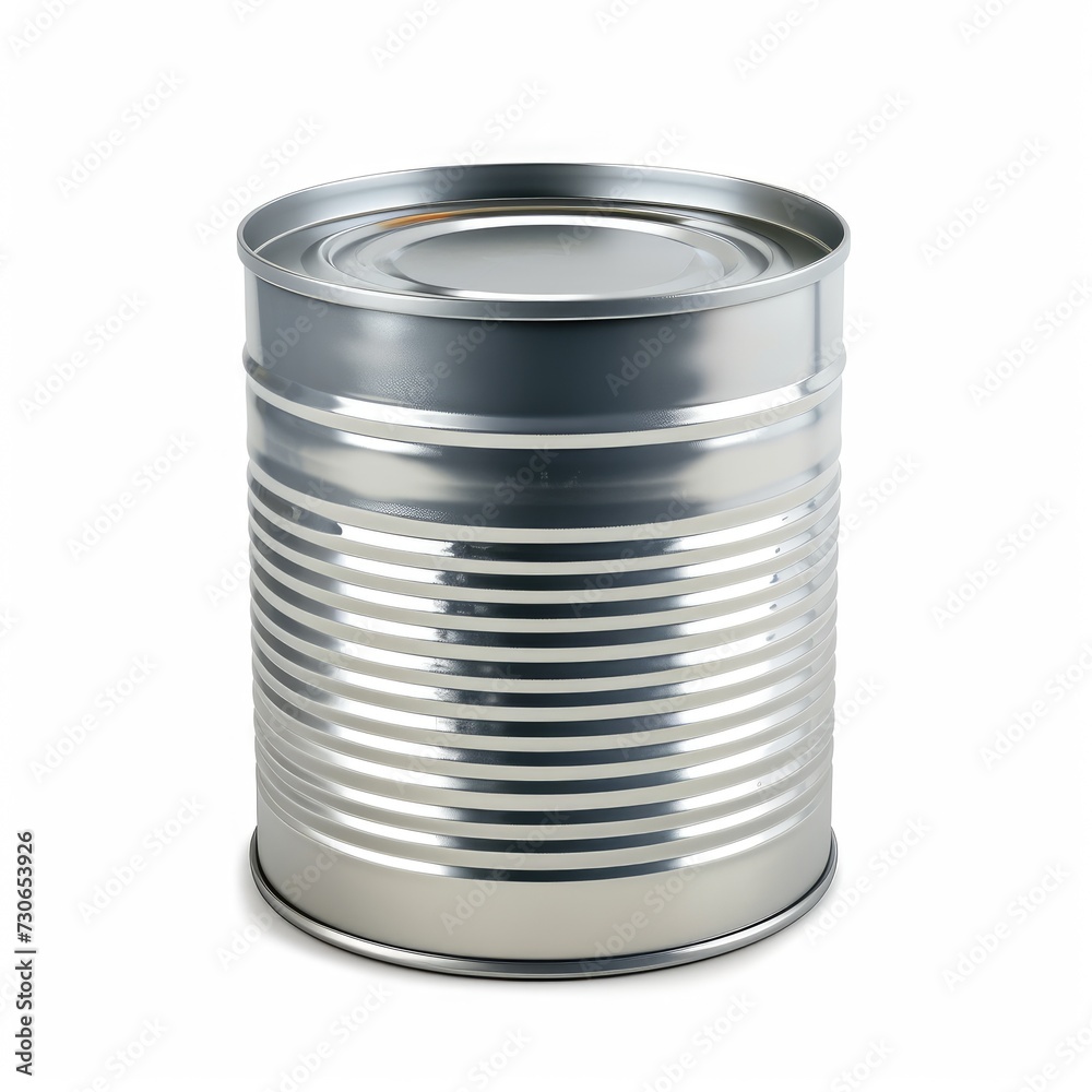 Modern metal tin can for packaged goods and food isolated on a white background, Ai Generated. Modern metal tin can for packaged goods and food isolated on a white background, Ai Generated.