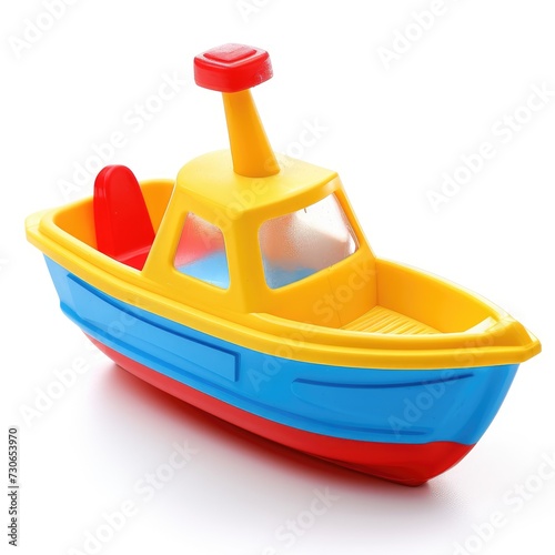 Children's cute plastic toy boat isolated on white background for playful designs, Ai Generated.