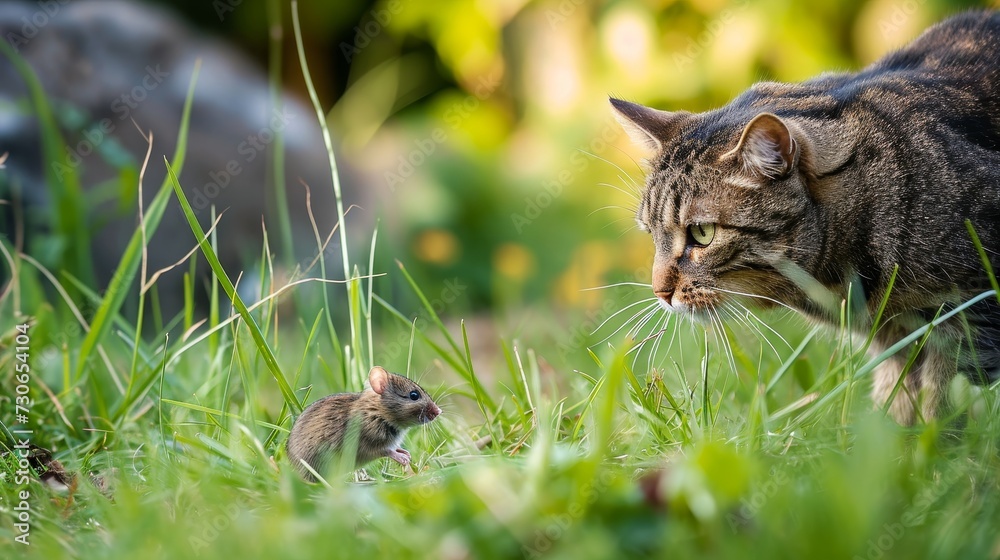 Cat chases a little mouse in tall grass outside, a classic garden scene ...