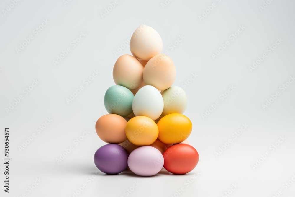 Colorful easter eggs arranged in a pyramid on a white background