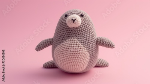 Crocheted seal toy vibrant backdrop, handcrafted and adorable, Ai Generated