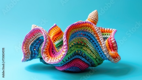 Crocheted giantclam toy vibrant backdrop, handcrafted and adorable, Ai Generated