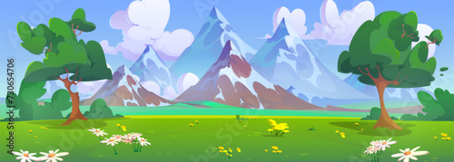Summer mountain valley with flowers and trees. Vector cartoon illustration of green spring field with grass and bushes, rocky cliffs with glacier, white clouds in sunny blue sky, beautiful scenery