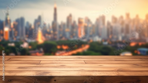 The empty wooden table top with blur background of city skyline. Exuberant image. generative ai