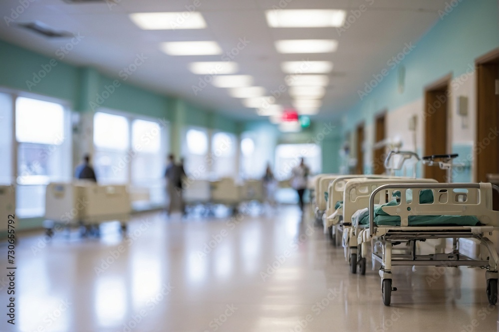 Blurred image of hospital corridor with patient bed and blurred background. Blurred image of hospital corridor with patient bed and blurred background.