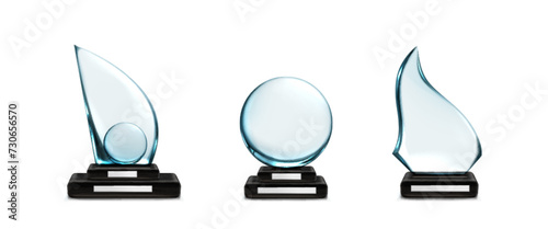 Realistic trophy and achievement prize made of glass or crystal on black stand with metal name plate. Vector illustration set of transparent blank plastic or plexiglass glossy success plate cup award.