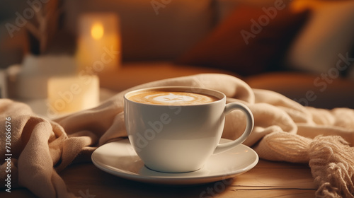 Cup of delicious coffee on cozy background picture 