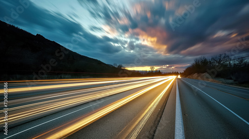 Long exposure of traffic lights on a highway at dusk.