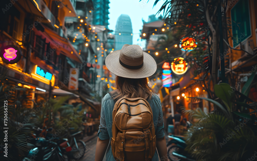 Fototapeta premium A solo traveler exploring a vibrant and bustling city