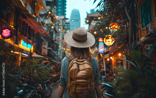 A solo traveler exploring a vibrant and bustling city