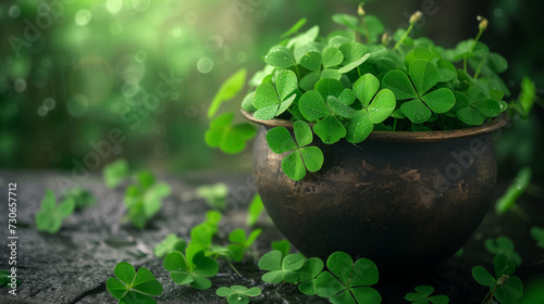 Clover in a pot on a lush green backdrop.
