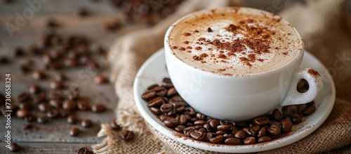 Cappuccino is a beverage made with cocoa, skim milk, coffee, and a hint of vanilla, enjoyed hot or cold.