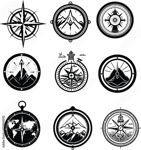 compass silhouette set vector illustration, 