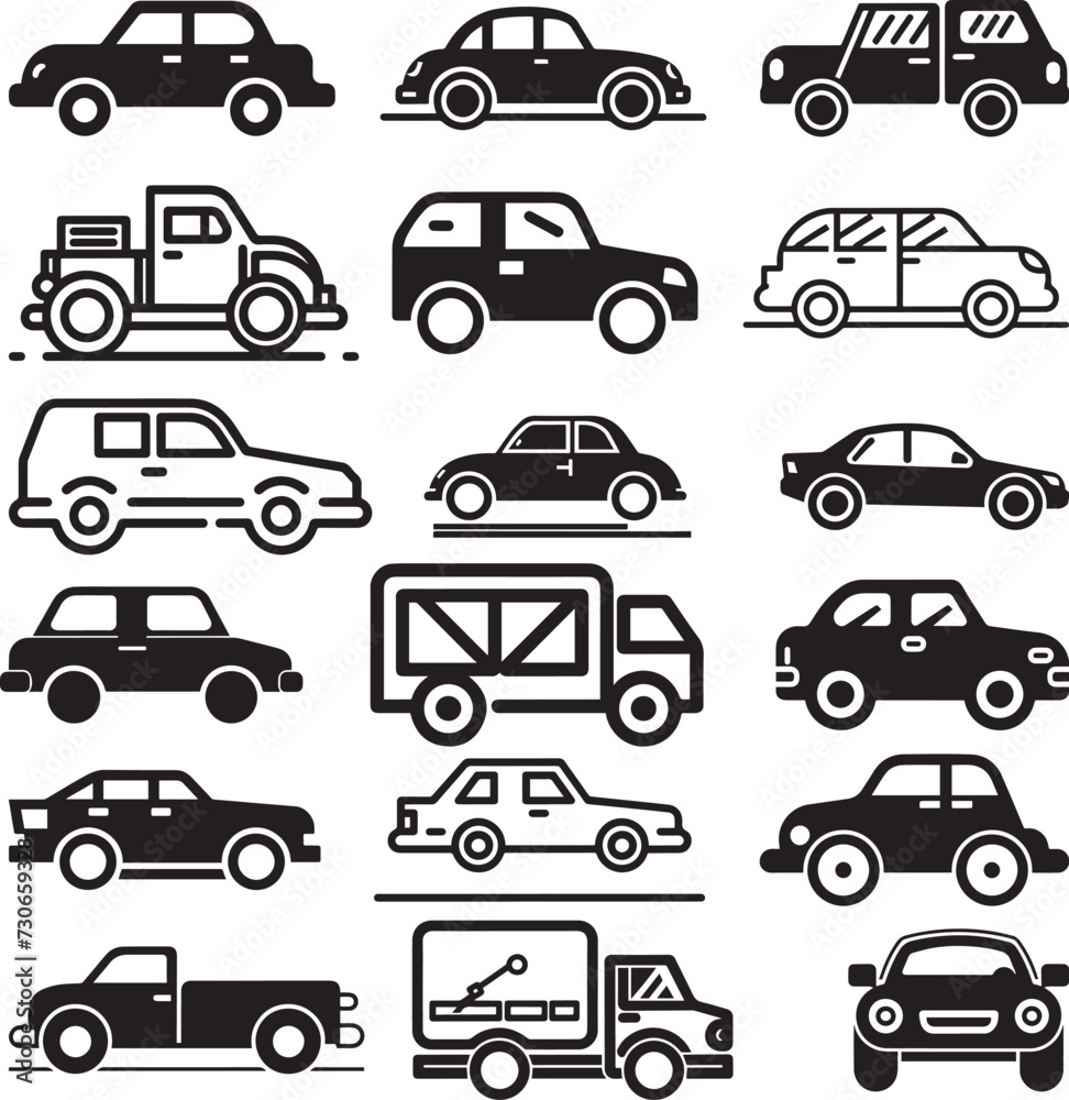 Sets of silhouette cars and on the road vehicle icon in isolated background, vector