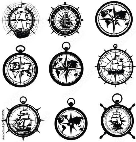 compass silhouette set vector illustration, 