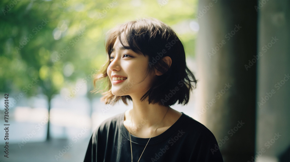 公園を笑顔で散歩する若い女性 公園を笑顔で散歩する若い女性