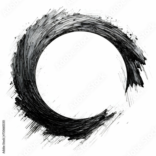 Circle drawn in ink on white isolated background. Textured simple background with copy space
