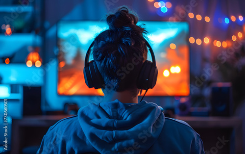 person with headphones, Gamer  immersed in video game
