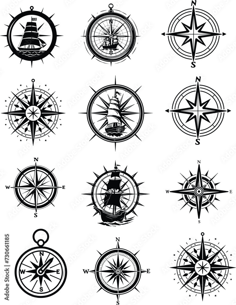 compass silhouette set vector illustration, 