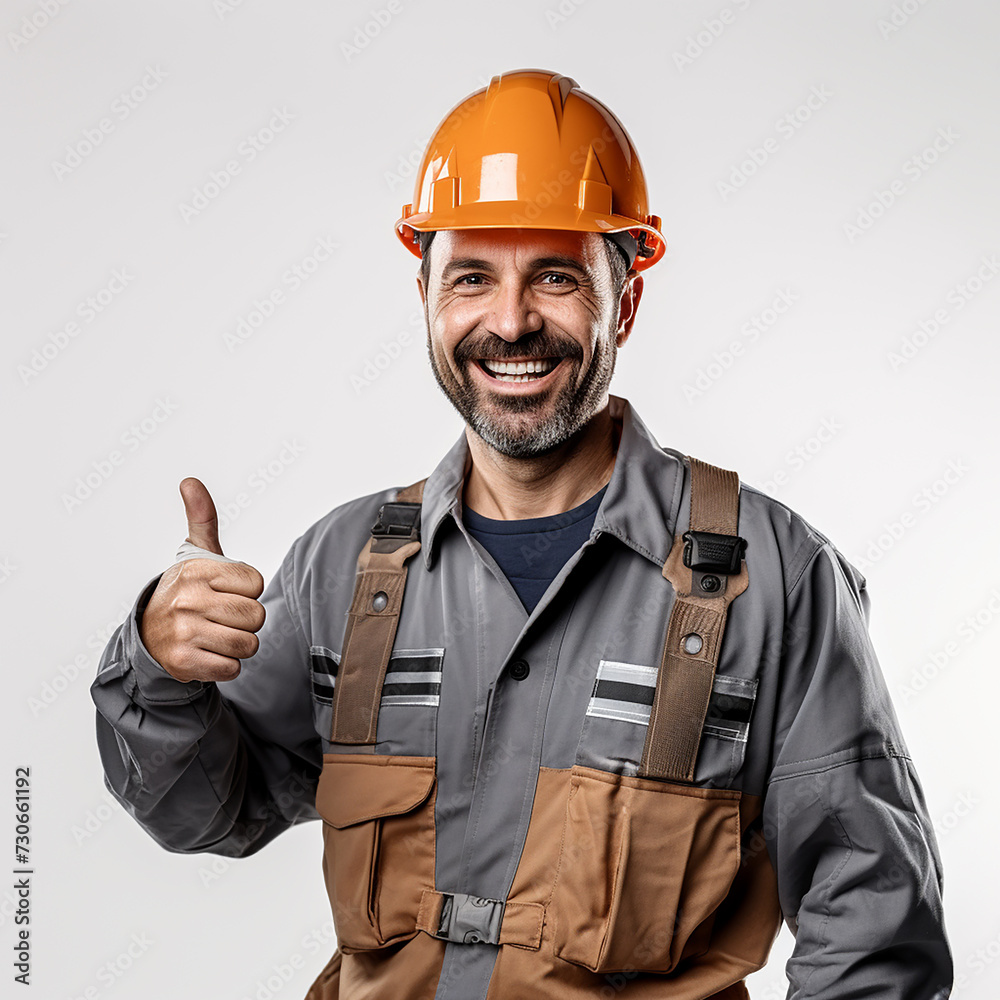 Capture the essence of a laborer employee in a soft uniform and hard hat smiling warmly and giving a thumbs up. Ai generated Capture the essence of a laborer employee in a soft uniform and hard hat smiling warmly and giving a thumbs up. Ai generated
