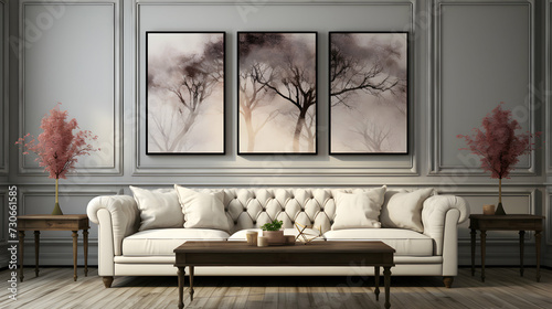 Elegant White Sofa with Moulding in Living Room, Big Mockup Poster Frames photo