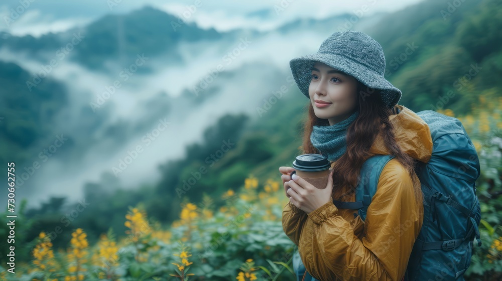 Traveler Asian woman drink coffee joy nature view scenic foggy landscape mountain, Traveler Asian woman drink coffee joy nature view scenic foggy landscape mountain,