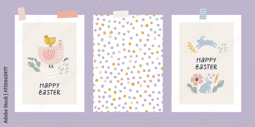 Happy Easter greeting cards set with cute rabbits, spring flowers and chick.