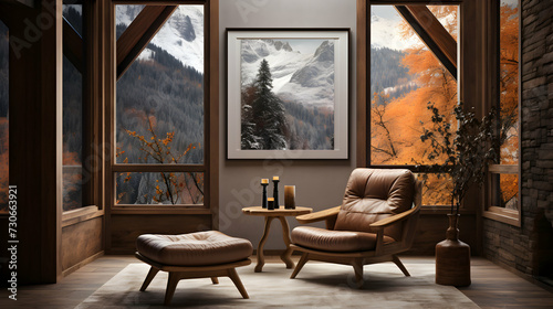 Big frame mockup on the wall in farmhouse living room, sofa with pillows, wooden house.